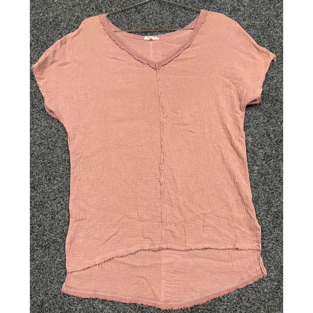 La Miel Mauve Pink Cotton Gauze Raw Edge V-Neck Top Womens Small Boho Blouse